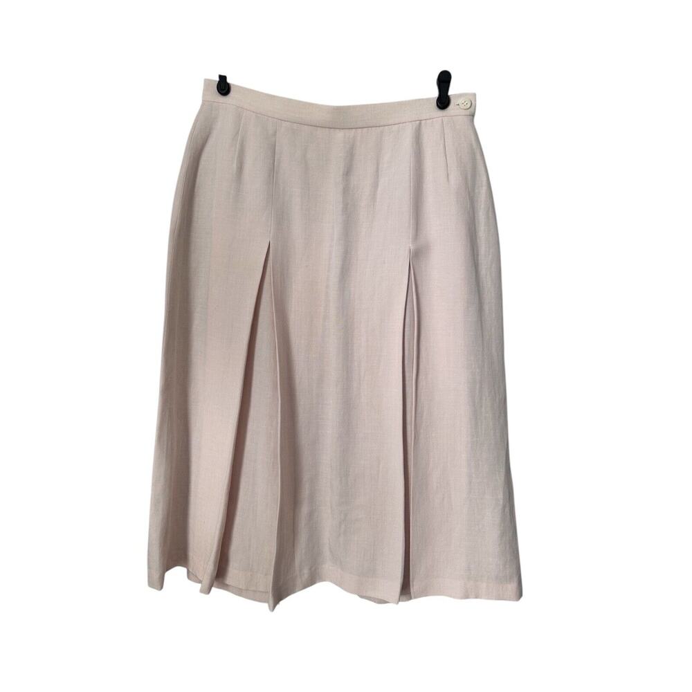 VTG Jaeger Skirt Womens Size 14 Pink Linen Viscose Pleated Classic Midi A-Line